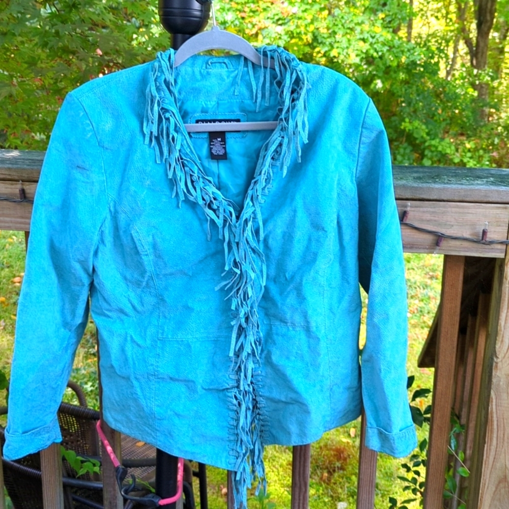Dialogue turquoise suede jacket with fringe. Size medium
